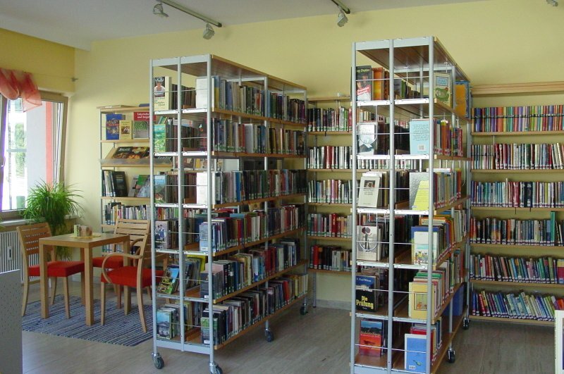 eine Bibliothek mit Büchern in Regalen